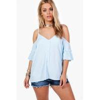 Louisa Frill Cold Shoulder Button Front Top - bluebell
