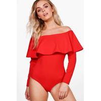 Long Sleeve Ruffle Bardot Bodysuit - red