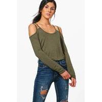 Long Sleeve Cold Shoulder Strappy Top - khaki