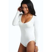 Long Sleeve V Neck Bodysuit - white