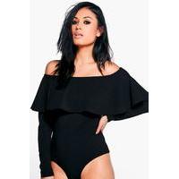 Long Sleeve Ruffle Bardot Bodysuit - black