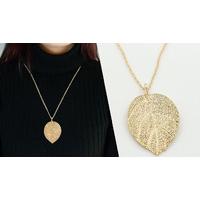 Longline Gold Tone Leaf Pendant Necklace