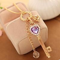 Long Purple Crystal Love Crown Key Necklace Pendant Sweater Chain Necklace Adjustable Dangling Gifts for the Party Women Jewelry