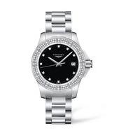 Longines Conquest ladies\' diamond-set black dial stainless steel watch