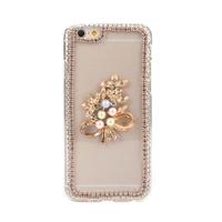 Luxury Clear Transparent Crystal Circle Bling Rhinestone Diamond Pearl Gold Flower Case Hard Back Cover Protective Shell for Apple iPhone 6