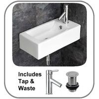 Lucca Right Handed 50cm x 24.5cm Narrow Rectangular Wall Mounted Sink with Tap and Plug