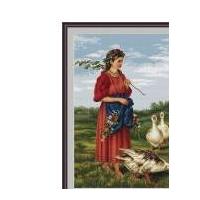 Luca-S Counted Petit Point Cross Stitch Kit Girl With Geese 25cm x 33cm