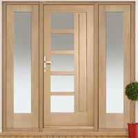 Lucca Exterior Oak Door and Frame Set with Two Side Screens and Obscure Double Glazing