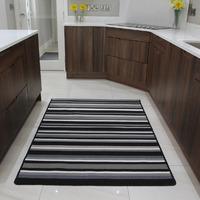 Luna Black Grey Stripes Machine Washable Rubber Backed Kitchen Mat