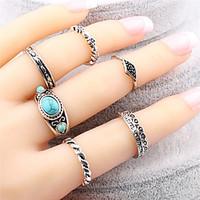 Luxury 7Pcs/Set Turquoise Ring Bohemian Ethnic Antique Silver Turkish Midi Finger Boho Rings Set Female Charms Jewelry For Women