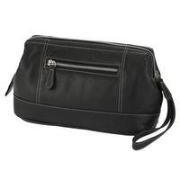 Luxury German Made Black Leather Wash Bag with Carry Strap