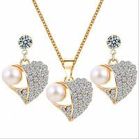 Lucky Doll Women\'s All Matching Rose Gold Plated Man Made Pearl Zirconia Heart Necklace Earrings Jewelry Sets