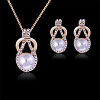 Lucky Doll Women\'s Vintage Rose Gold Plated Imitation Pearl Rhinestone Necklace Earrings Jewelry Sets