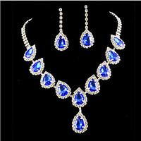 Lucky Doll Women\'s 925 Silver Plated Gemstone Crystal Zirconia Long Tassel Water Drop Necklace Earrings Jewelry Sets