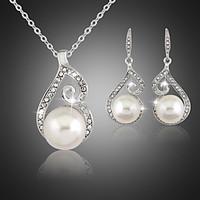 Lucky Doll Women\'s All Matching Silver Plated Man Made Pearl Zirconia Necklace Earrings Jewelry Sets