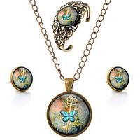 Lureme Time Gem Series Vintage Key and Butterfly Pendant Necklace Stud Earrings Hollow Flower Bangle Jewelry Sets