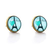 Lureme Vintage Jewelry Time Gem Series Eiffel Tower with Heart Antique Bronze Disc Stud Earrings for Women and Girl