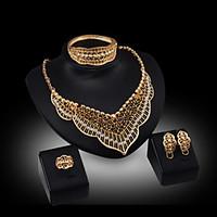 Lucky Doll Women\'s Vintage 18K Gold Plated Zirconia Tassel Necklace Earrings Bracelet Ring Jewelry Sets