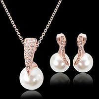 Lucky Doll Women\'s Vintage Rose Gold Plated mitation Pearl Zirconia Geometric Necklace Earrings Jewelry Sets
