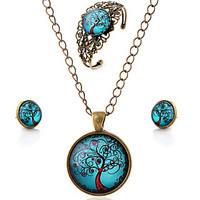 Lureme Time Gem Series Vintage Blue Sky with Life Tree Pendant Necklace Stud Earrings Hollow Flower Bangle Jewelry Sets