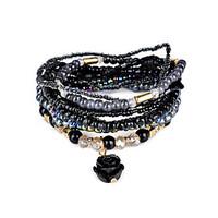 Lureme Bohemian Beads Rose Pendant Multi Strand Textured Stackable Bracelet Set