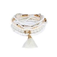 Lureme Bohemian Beads Pearl Tassel Multi Strand Textured Stackable Bracelet Set