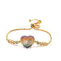 Lureme 24K Gold Brass CZ Paved Rainbow Heart Charm Pullstring Adjustable Bracelet