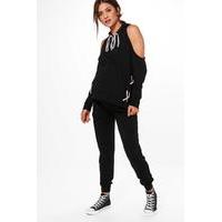 Lucy Lace Up Detail Hooded Lounge Set - black