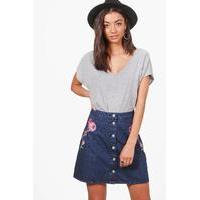 Lucie Embroidered Button Through Skirt - mid blue