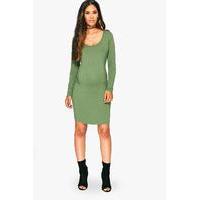 Lucy Scoop Neck Long Sleeve Bodycon - khaki