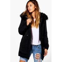 Luxe Padded Coat With Faux Fur Hood - black