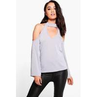 lucy plunge neck tie back knitted top grey