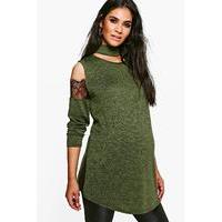 Lucy Lace Detail Cold Shoulder Jumper - khaki