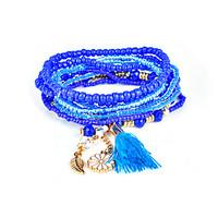 Lureme Bohemian Beads Flower Leaf Tassel Charms Multi Strand Textured Stackable Bracelet Set