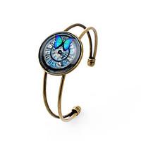 Lureme Simple Jewelry Time Gem Series Butterfly and Clock Disc Charm Open Bangle Bracelet for Women and Girl