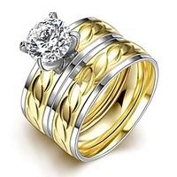 lureme Luxurious Golden and Silver Tone Chain Carved Stainless Steel Big Zircon Womens Girls Ring 2Pcs A Set