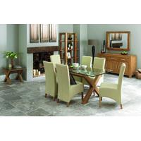 Lyon Oak Glass Dining Table & 6 Ivory Wing Back Faux Leather Chairs