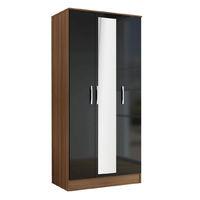 Lynx Walnut and Black 3 Door Mirrored Wardrobe