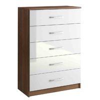 Lynx Walnut and White 5 Drawer Chest Pre-Assembled