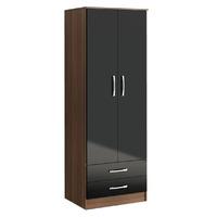 Lynx Walnut and Black 2 Door 2 Drawer Wardrobe Assembly Required