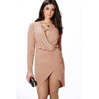 Lydia Wrap Front Slinky Dress - camel