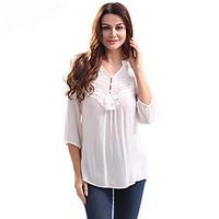 Lztlylzt Women\'s Casual/Daily Work Simple Spring Summer ShirtSolid V Neck Long Sleeve Cotton Polyester Thin