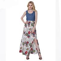 Lztlylzt Women\'s Casual/Daily Holiday Vintage Boho Chiffon Swing DressPrint Round Neck Maxi Sleeveless Cotton Polyester Spring Summer High Rise