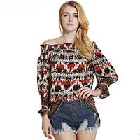 Lztlylzt Women\'s Casual/Daily Vintage Boho Spring Summer BlouseGeometric Off Shoulder Long Sleeve Cotton Polyester Thin