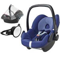 Maxi Cosi Pebble Group 0+ Car Seat Bundle With Raincover & Back Seat Mirror-Blue Base (NEW 2017)