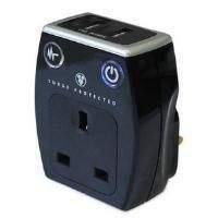 Masterplug Surge Protected Power Socket Adapter (Black) with USB Charging Ports