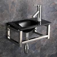 Matera 40cm x 25 cm Space Saving Black Glass Wall Mounted Sink with Glass Mount and Tap