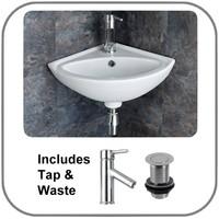 Madeira Compact Small Corner Wall Mounted Ceramic Wash Basin, Tap and Waste Set