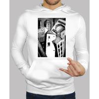man, hooded sweater, white / city