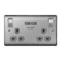 Masterplug Brushed Steel Double Switched Socket with USB Outlets [Energy Class A+++]